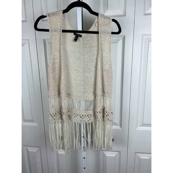 FANG Crochet Fringe Vest Boho Festival Hippie Beige Open Knit Sleeveless Top - Picture 5 of 6